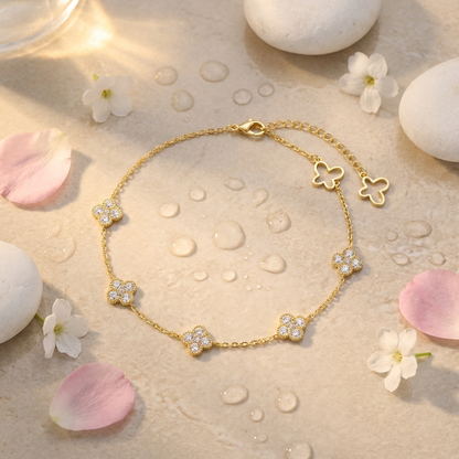 Evelina crystal clover anklet – 18K gold ankle bracelet