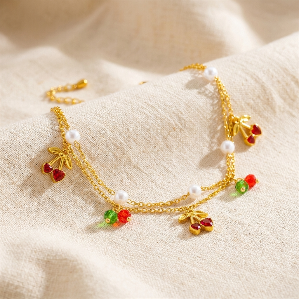 Rosetta cherry charm anklet – 18K gold ankle bracelet