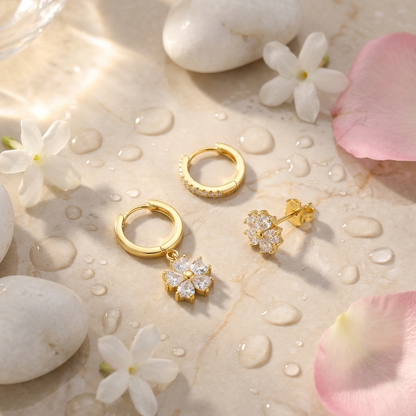 Malia Earrings Set – 925 Sterling Silver Floral Crystal Hoop &amp; Stud Set