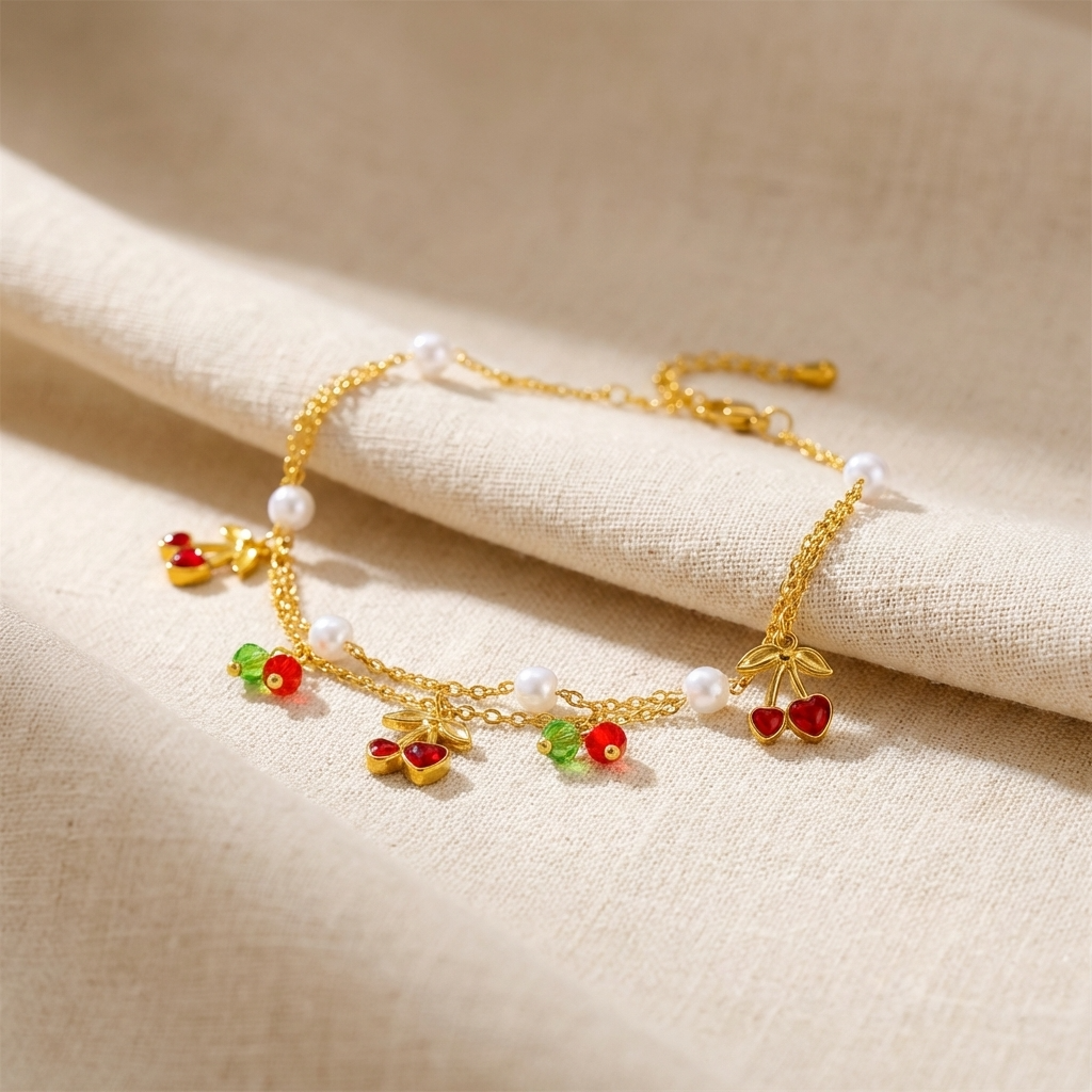 Rosetta cherry charm anklet – 18K gold ankle bracelet