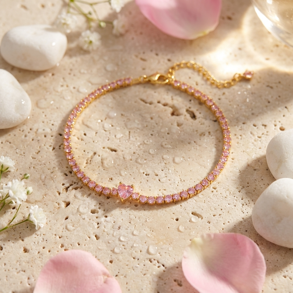 Mila Heart Tennis Bracelet – 925 Sterling Silver Pink Crystal Bracelet