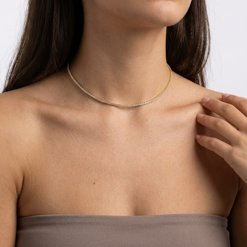 Cleo Tennis Choker – 18K Gold Crystal Tennis Choker Necklace