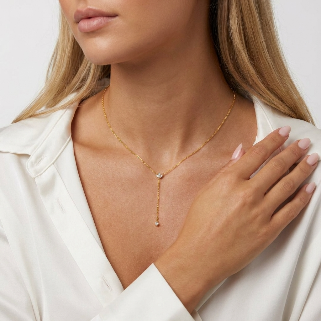 Crystal Lariat Drop Necklace – 18K Gold Adjustable Y-Drop Necklace