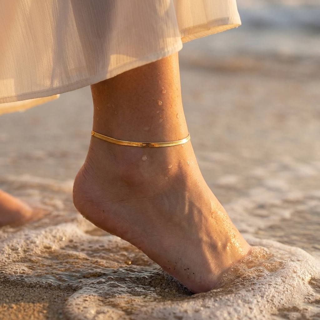 Thalia herringbone anklet – flat 18K gold chain ankle bracelet