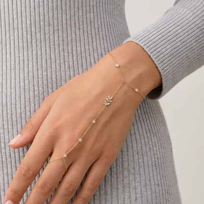 Laurel Hand Chain – 925 Sterling Silver Crystal Leaf Wrist-to-Finger Chain