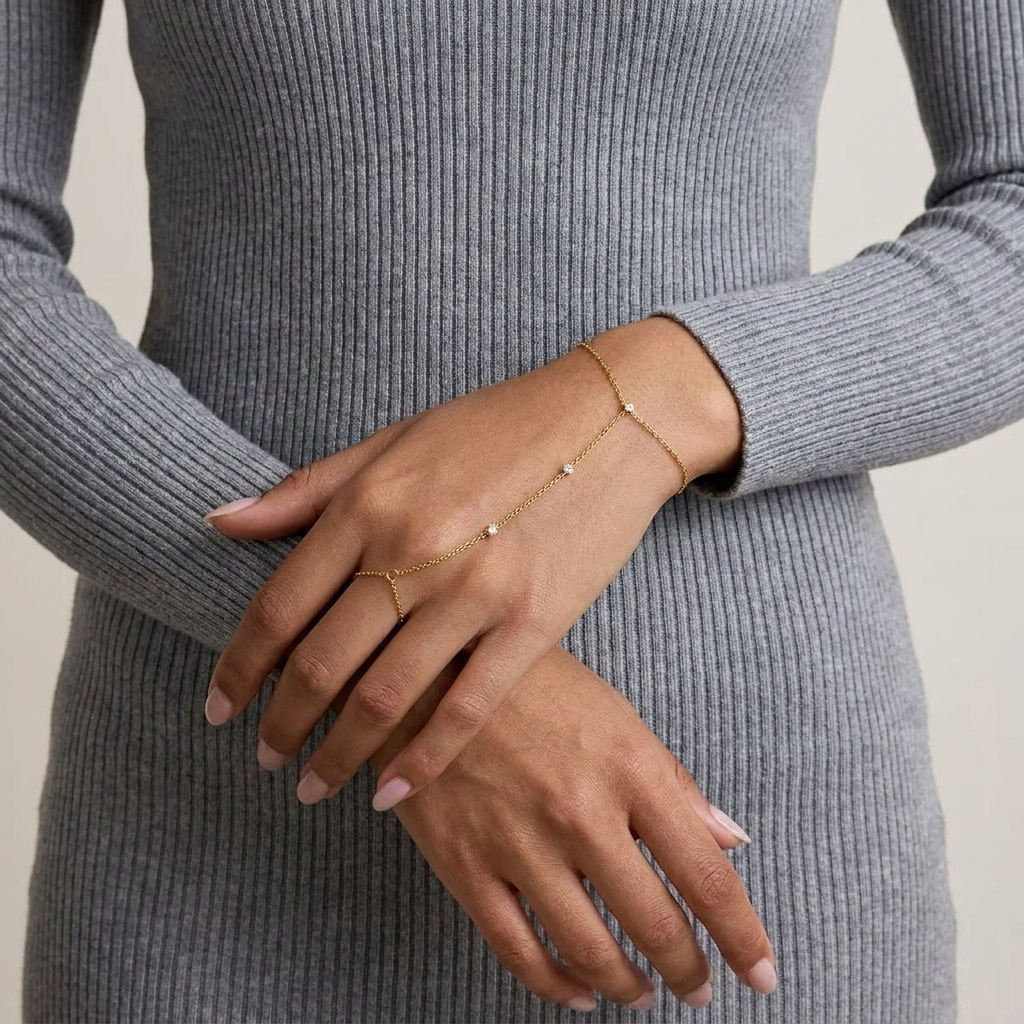 Dahlia Diamond Hand Chain – 18K Gold Crystal Wrist-to-Finger Chain