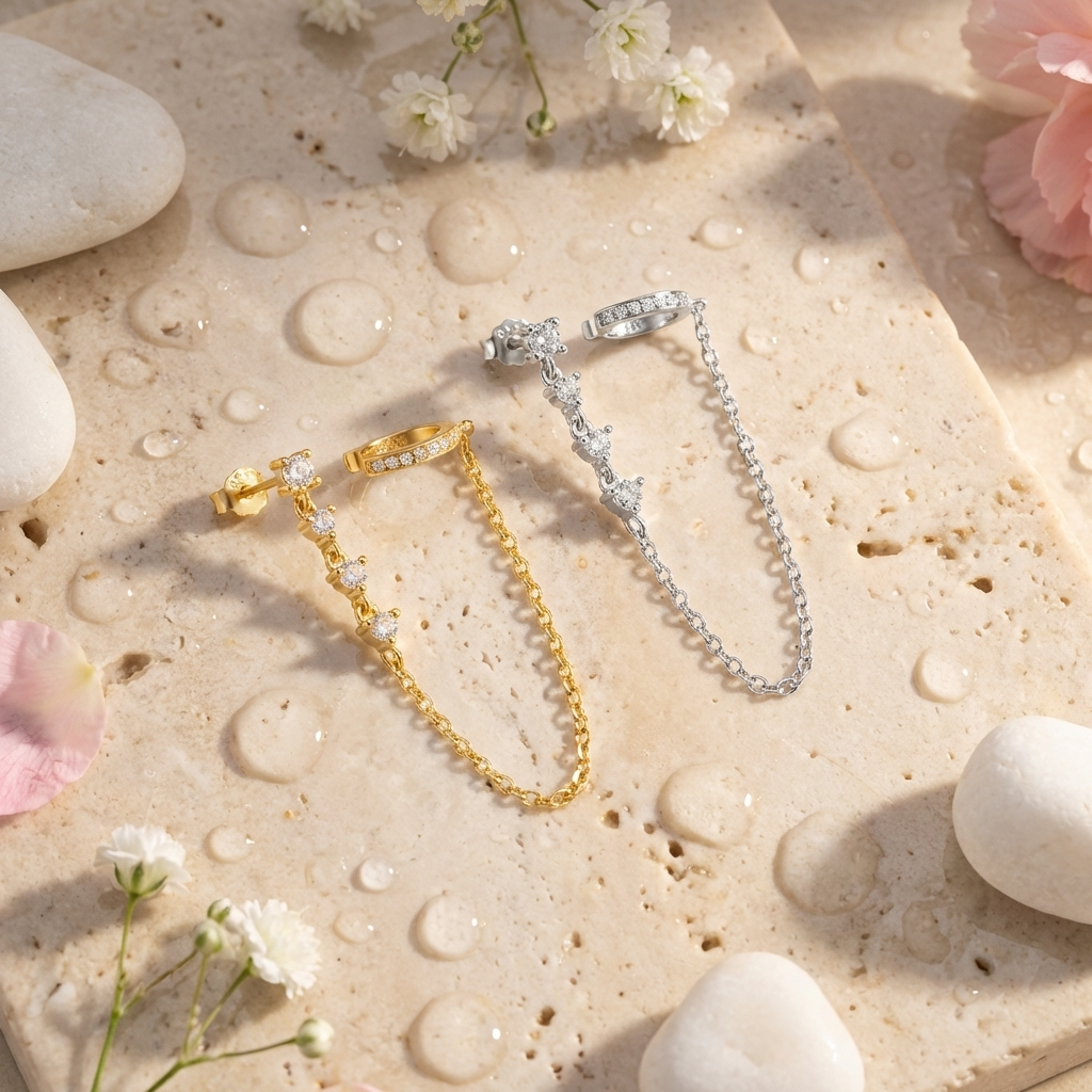 Ines Chain Cuff Hoops – 925 Sterling Silver Textured Crystal Hoops