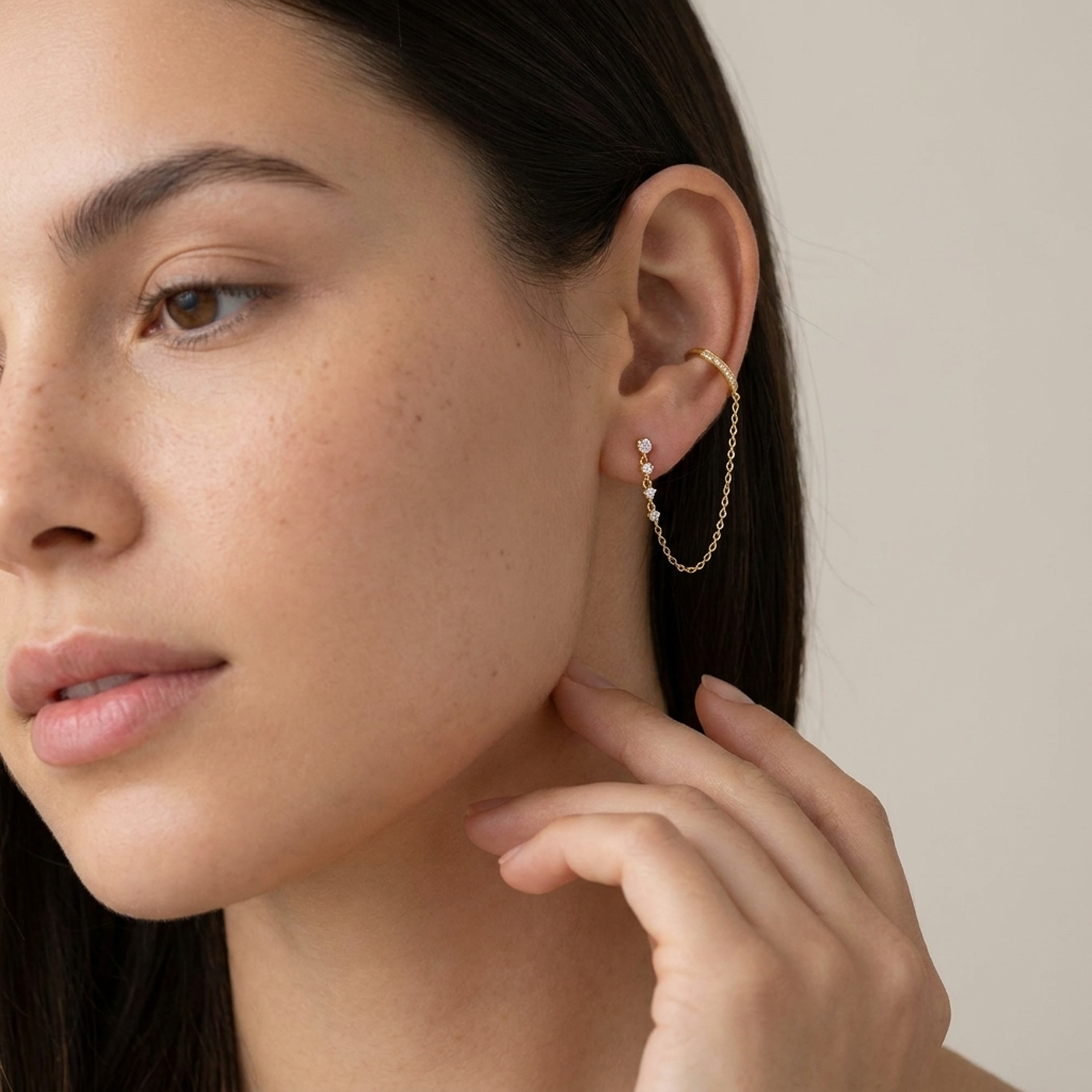 Ines Chain Cuff Hoops – 925 Sterling Silver Textured Crystal Hoops