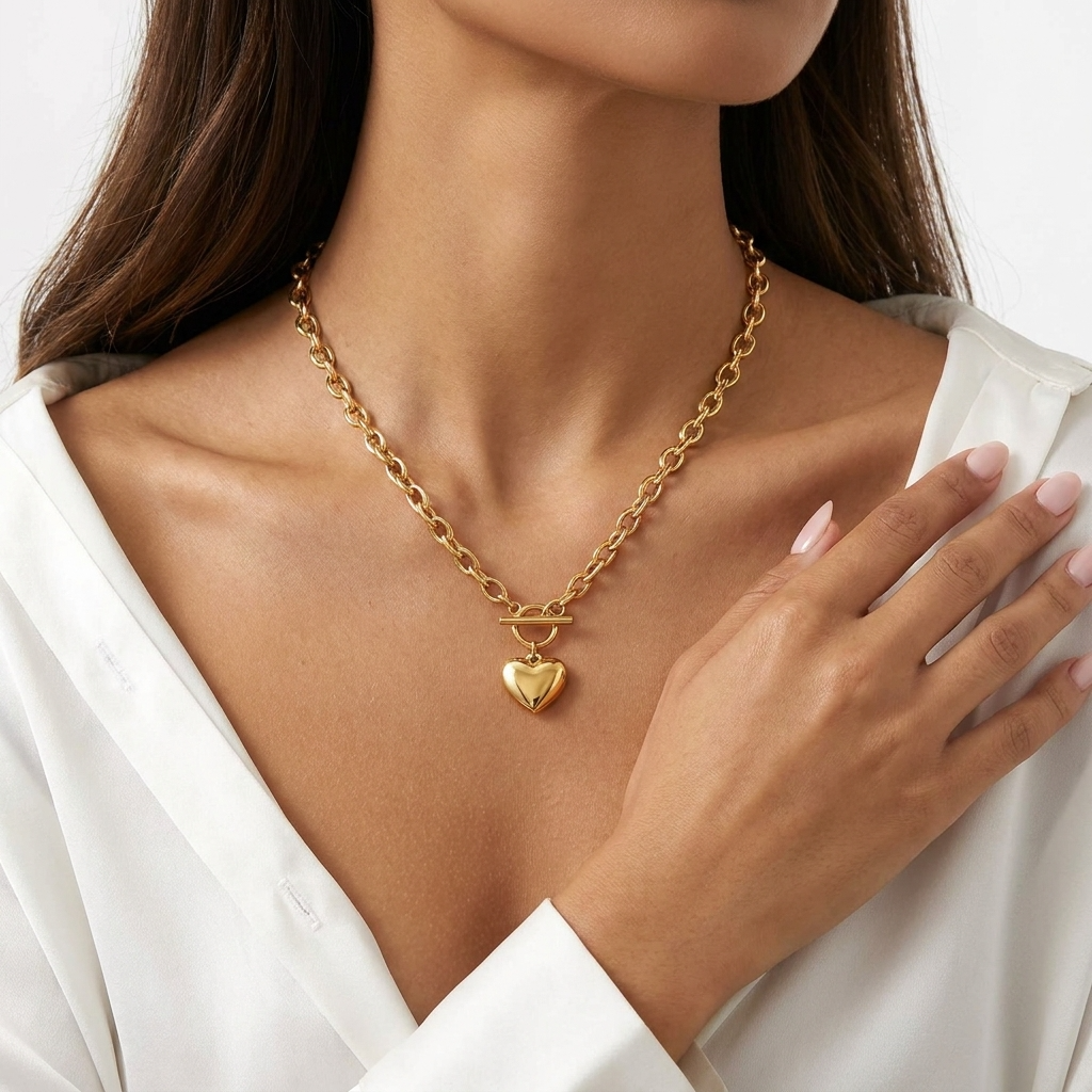 Élodie Heart Necklace – 18K Gold Puffed Heart Pendant Necklace