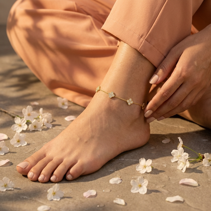 Evelina crystal clover anklet – 18K gold ankle bracelet