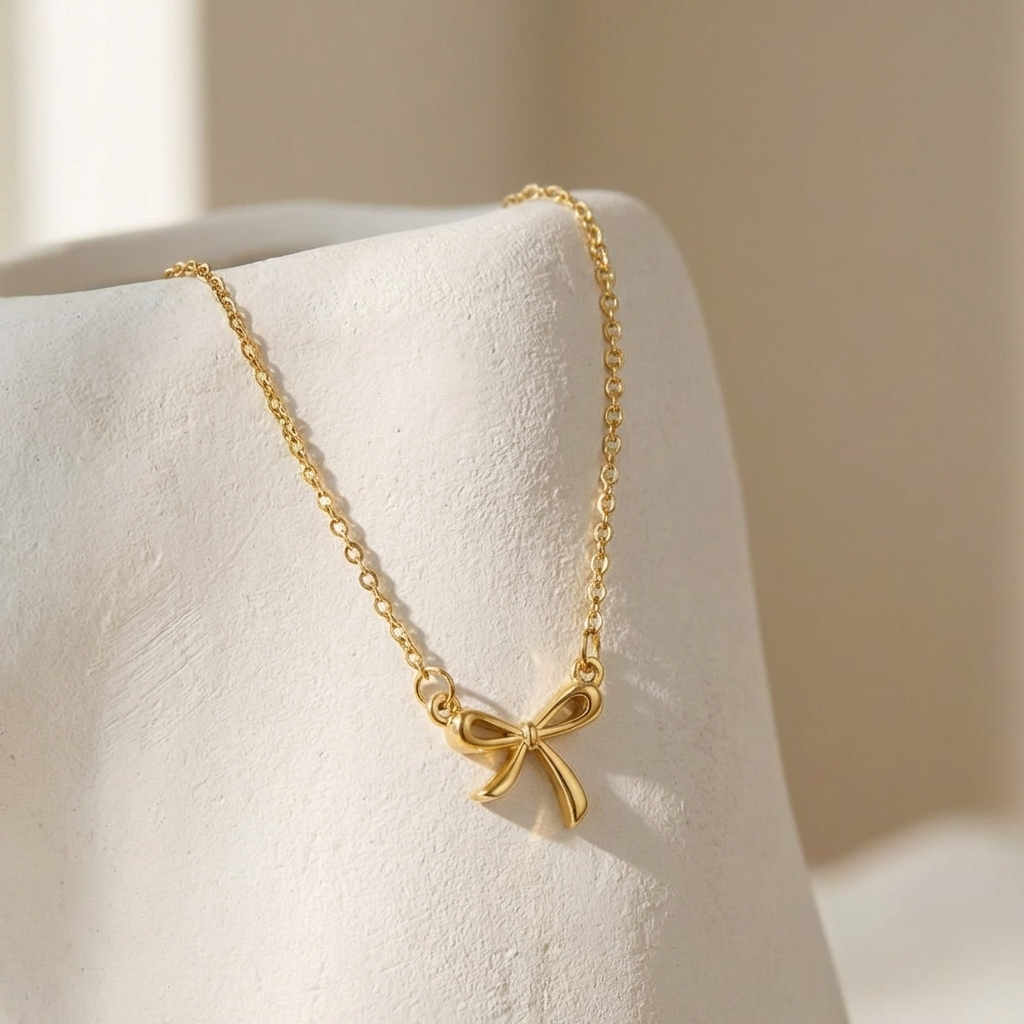 Elegant Bow Necklace – 18K Gold Minimal Bow Pendant Necklace