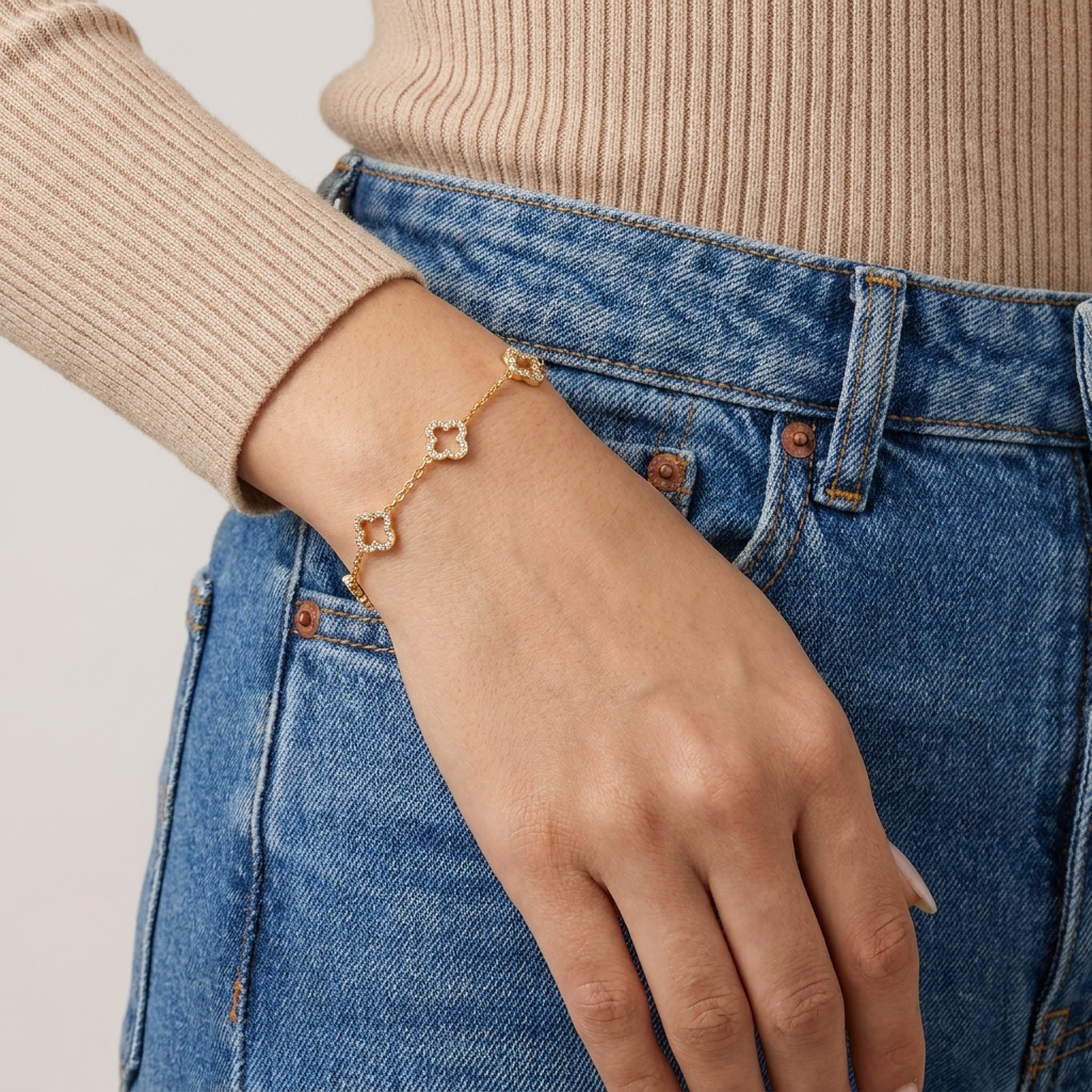 Celine Clover Bracelet – 18K Gold Crystal Lucky Clover Bracelet