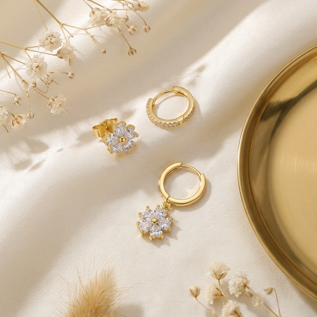 Malia Earrings Set – 925 Sterling Silver Floral Crystal Hoop &amp; Stud Set