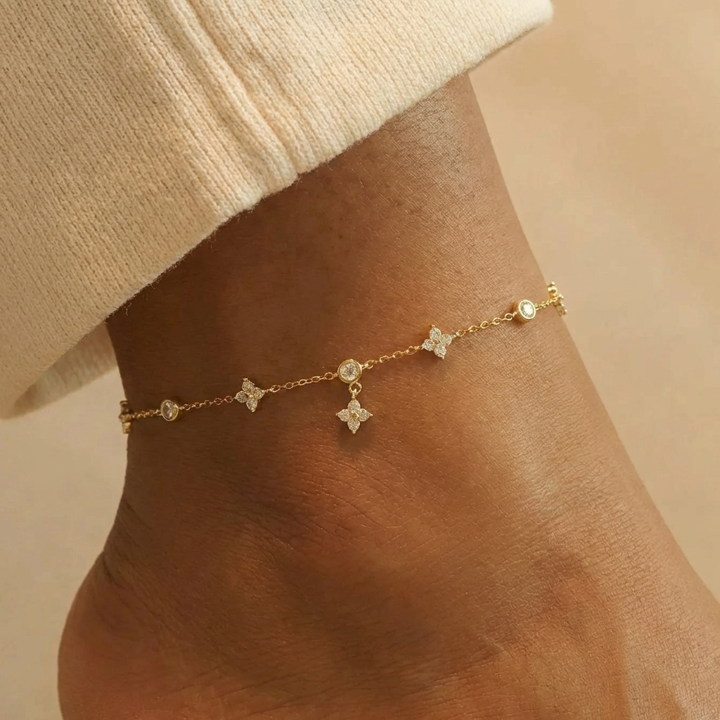 Ophelia sparkling clover anklet – sterling silver ankle bracelet