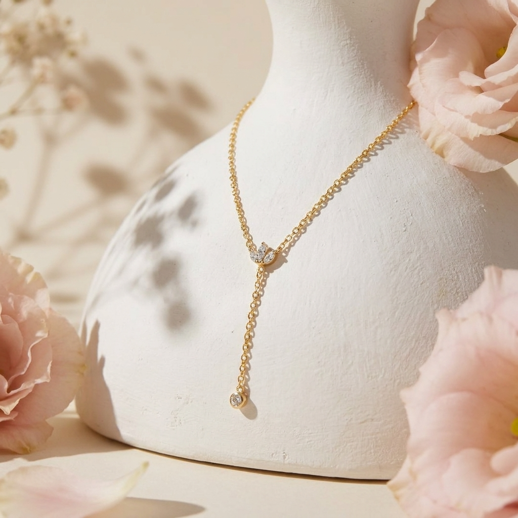 Crystal Lariat Drop Necklace – 18K Gold Adjustable Y-Drop Necklace