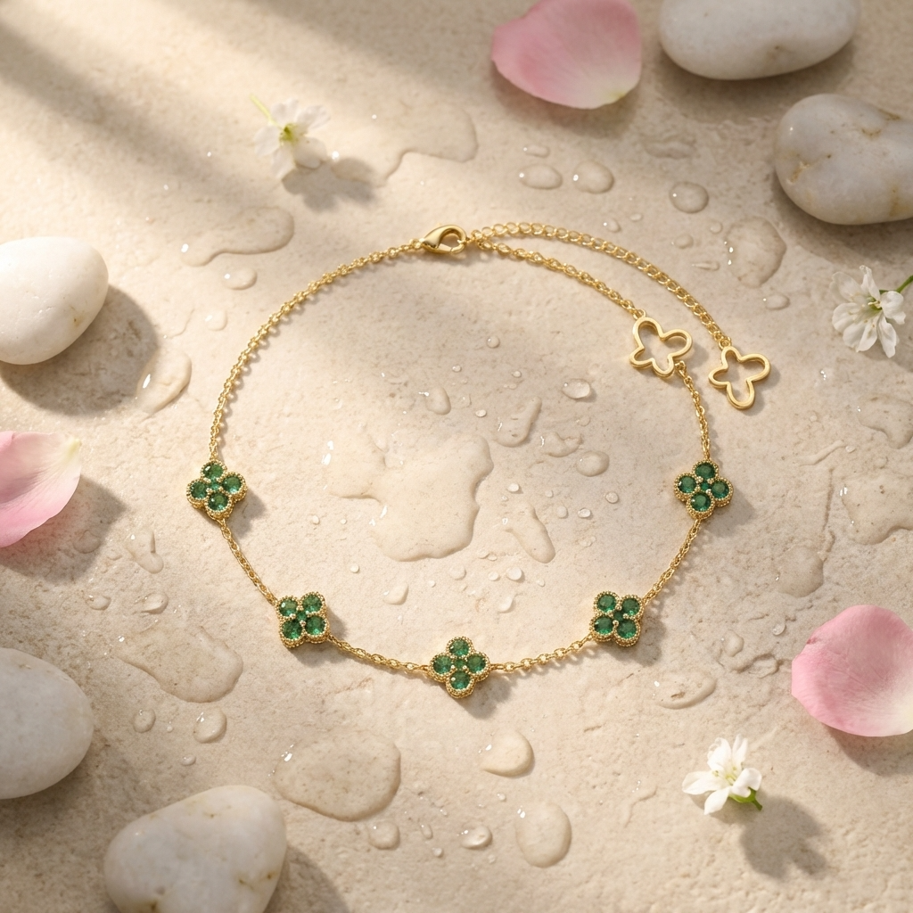 Evelina crystal clover anklet – 18K gold ankle bracelet