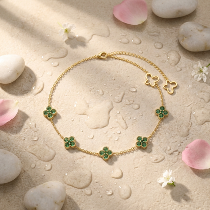 Evelina crystal clover anklet – 18K gold ankle bracelet