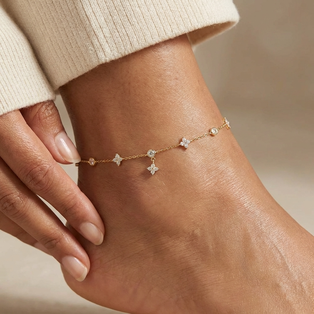 Ophelia sparkling clover anklet – sterling silver ankle bracelet