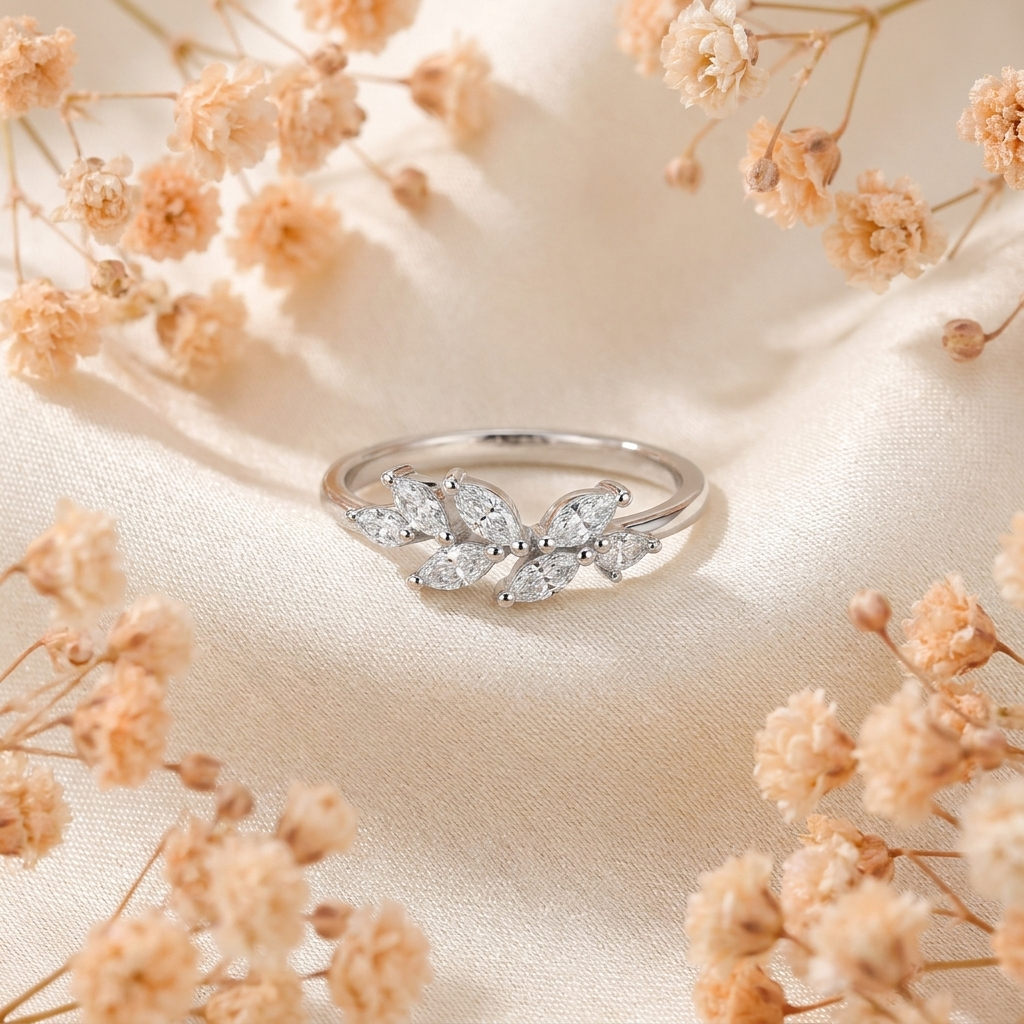 Delia Leaf Ring – 925 Sterling Silver Crystal Leaf Ring