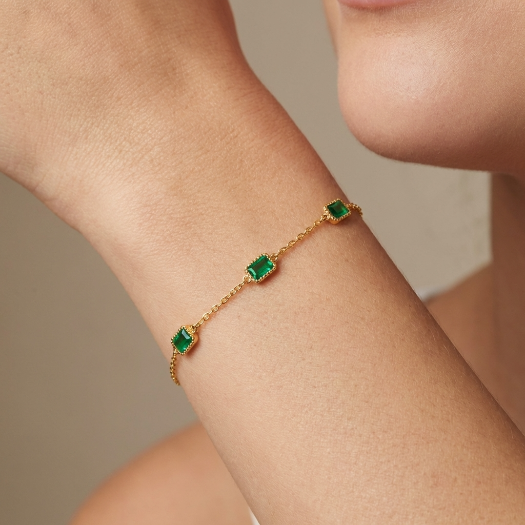 Gem Emerald Bracelet – 18K Gold Green Crystal Waterproof Bracelet