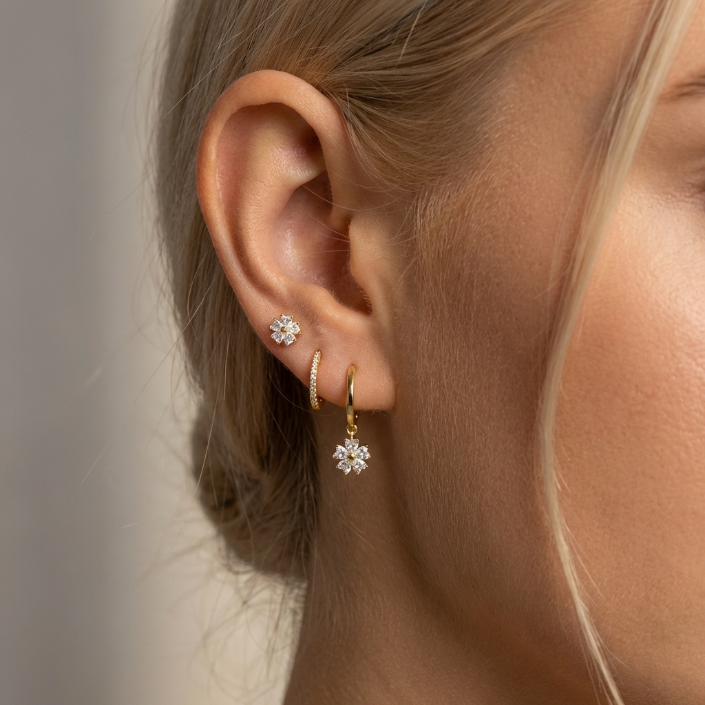 Malia Earrings Set – 925 Sterling Silver Floral Crystal Hoop &amp; Stud Set