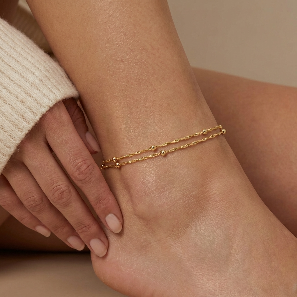 Corinne twin bead gold anklet – 18K ankle bracelet