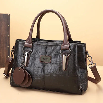 Genuine Leather Boston Bag for Women – Croc-Effect Vintage Handbag