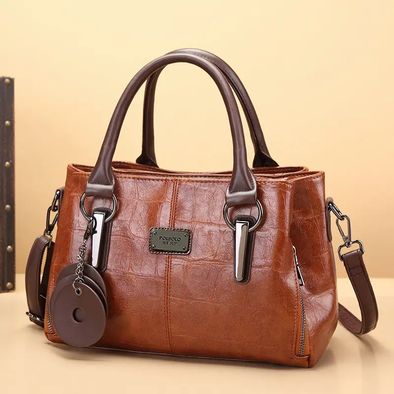 Genuine Leather Boston Bag for Women – Croc-Effect Vintage Handbag