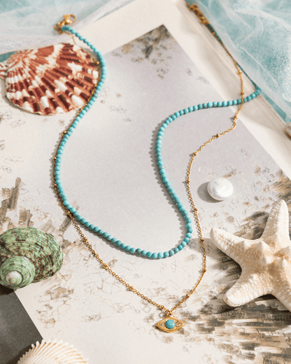 Golden Evil Eye Turquoise Layered Necklace – Beaded Protection Charm
