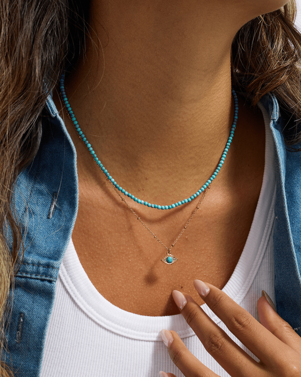 Golden Evil Eye Turquoise Layered Necklace – Beaded Protection Charm