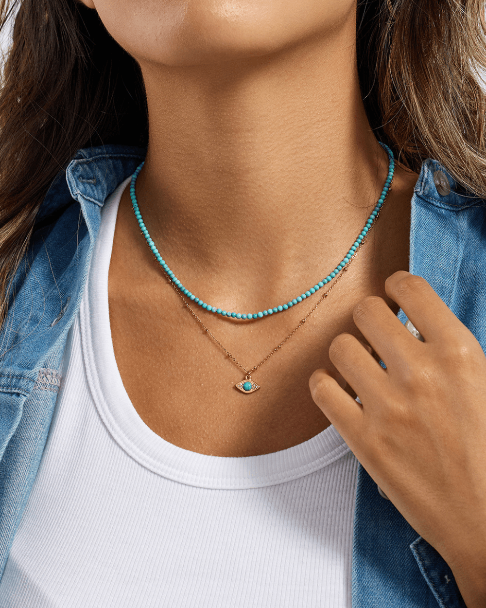 Golden Evil Eye Turquoise Layered Necklace – Beaded Protection Charm