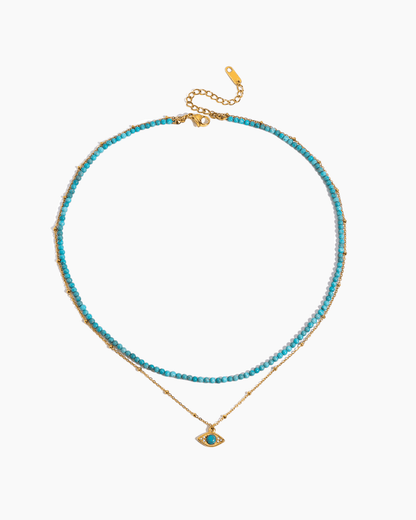 Golden Evil Eye Turquoise Layered Necklace – Beaded Protection Charm