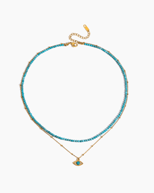 Golden Evil Eye Turquoise Layered Necklace – Beaded Protection Charm