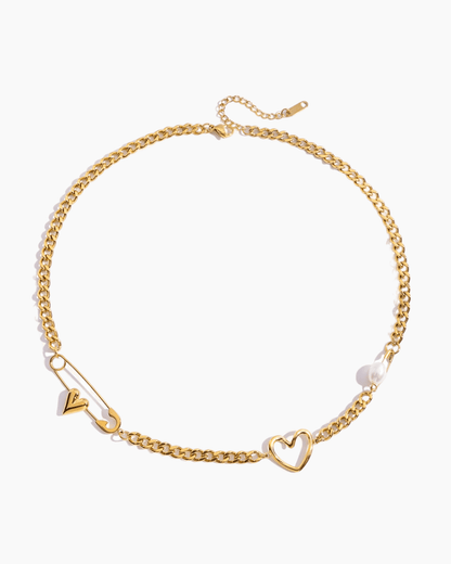 Heart Pin Chain Necklace – 18K Gold Waterproof Statement Piece