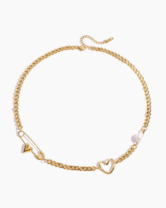 Heart Pin Chain Necklace – 18K Gold Waterproof Statement Piece