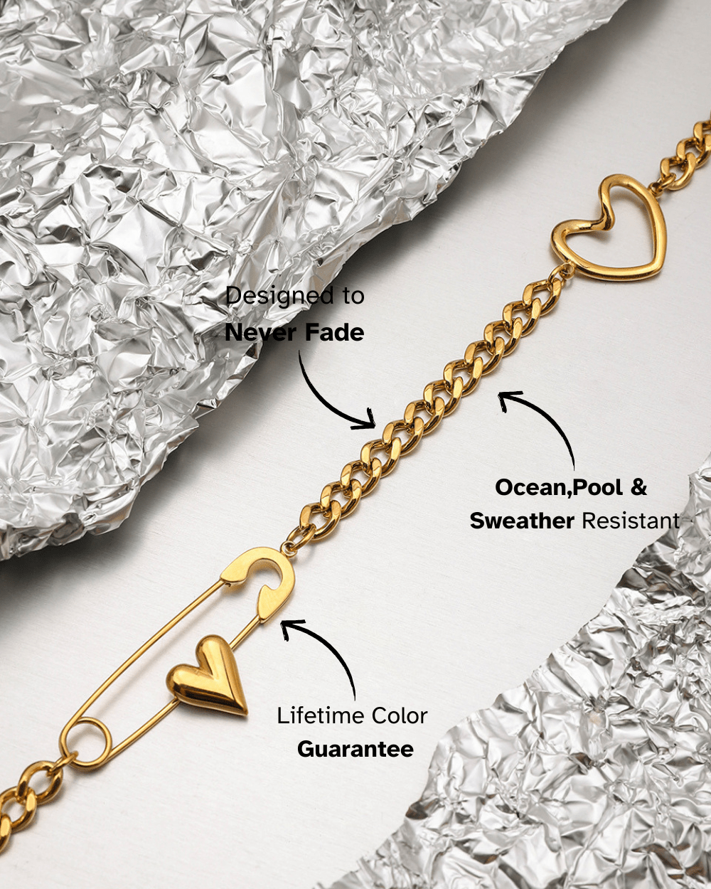 Heart Pin Chain Necklace – 18K Gold Waterproof Statement Piece