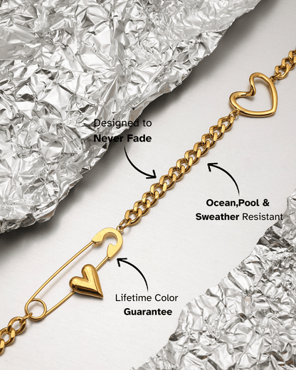 Heart Pin Chain Necklace – 18K Gold Waterproof Statement Piece