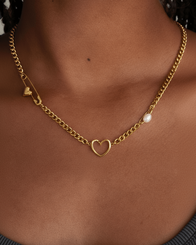 Heart Pin Chain Necklace – 18K Gold Waterproof Statement Piece