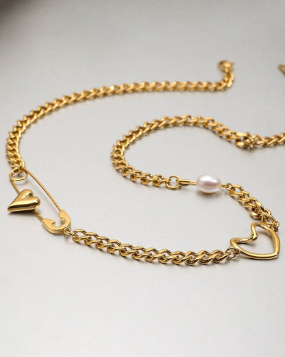 Heart Pin Chain Necklace – 18K Gold Waterproof Statement Piece