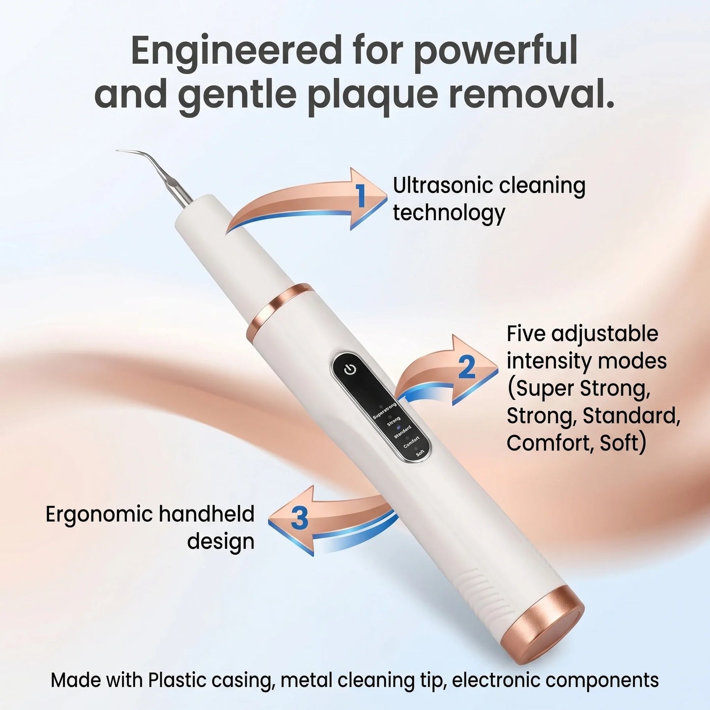 Pet dental scaler with LED light illuminating dog teeth during cleaning