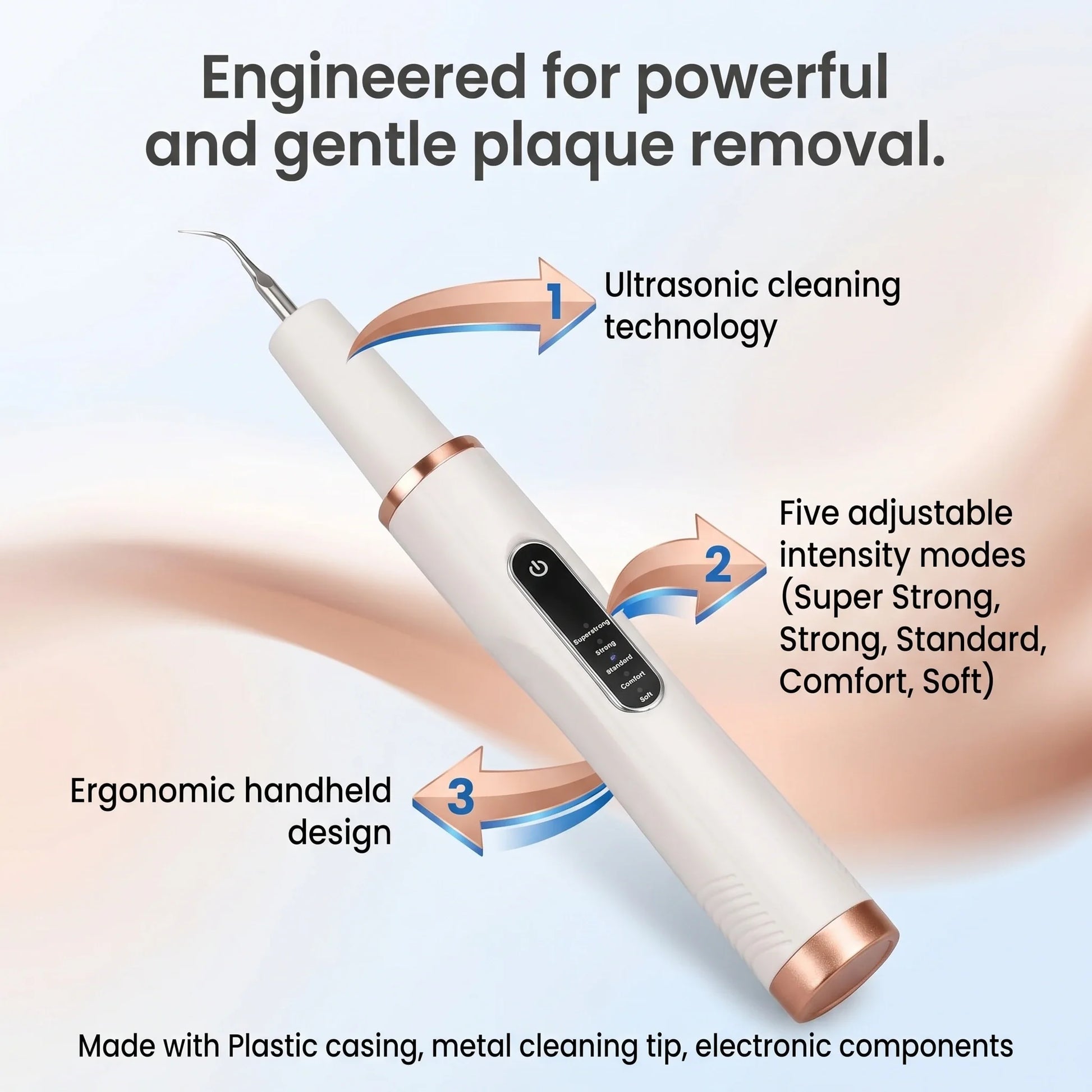 Pet dental scaler with LED light illuminating dog teeth during cleaning