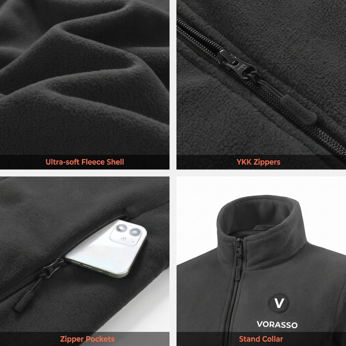 VORASSO heated fleece jacket details: ultra-soft fleece shell, YKK zippers, zipper pockets, stand collar