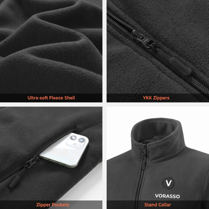 VORASSO heated fleece jacket details: ultra-soft fleece shell, YKK zippers, zipper pockets, stand collar