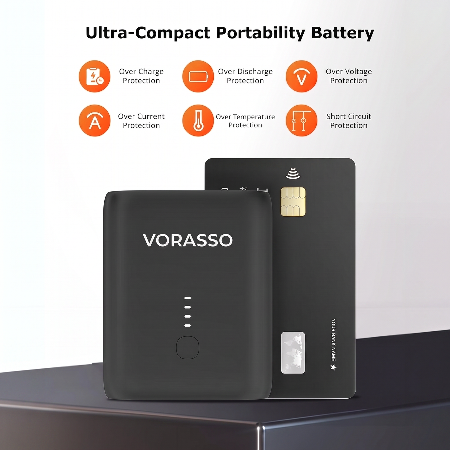 VORASSO ultra-compact battery pack, smaller than a credit card, with six protection features