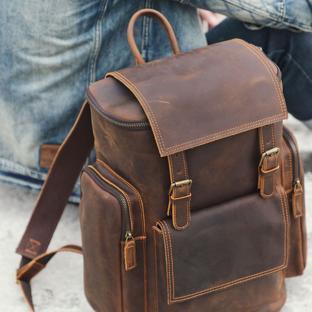 Genuine Leather Laptop Backpack – 23L Vintage Rucksack for Men | Charles