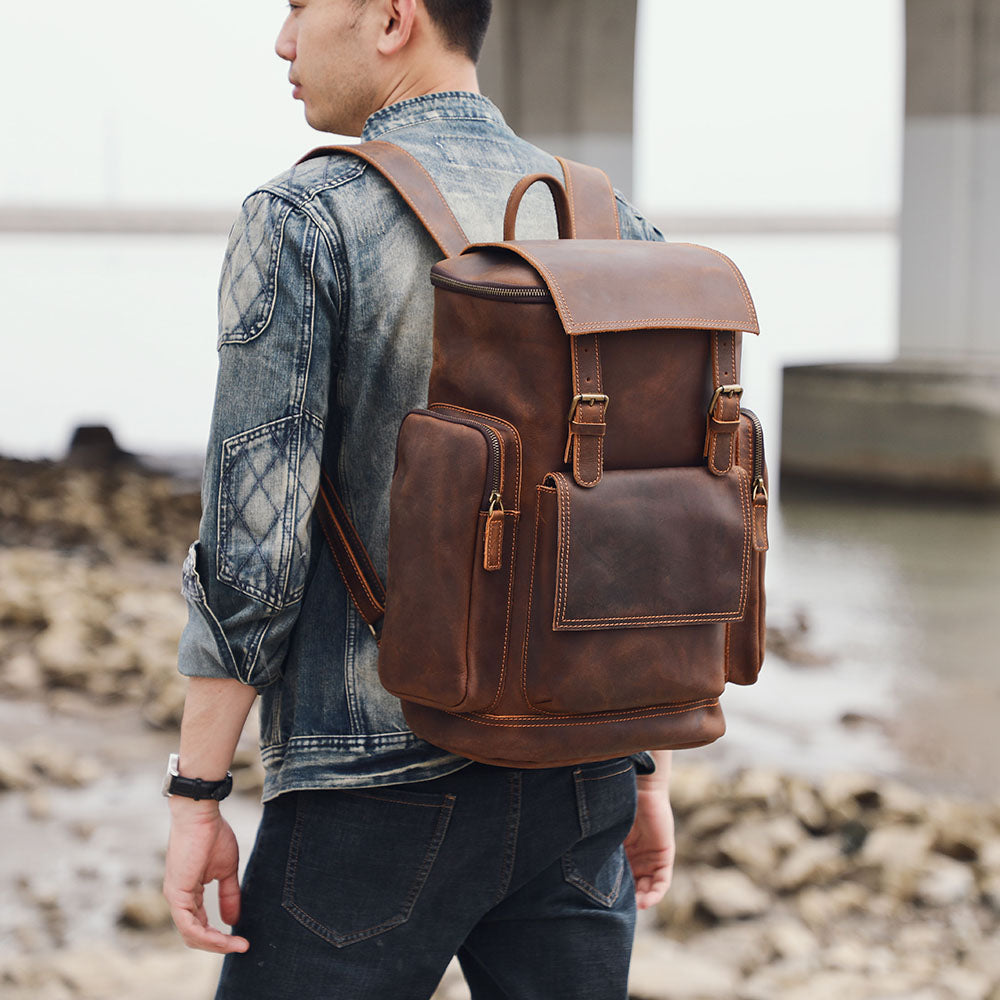 Genuine Leather Laptop Backpack – 23L Vintage Rucksack for Men