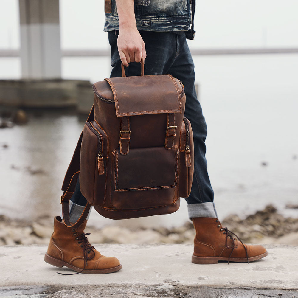Genuine Leather Laptop Backpack – 23L Vintage Rucksack for Men | Charles