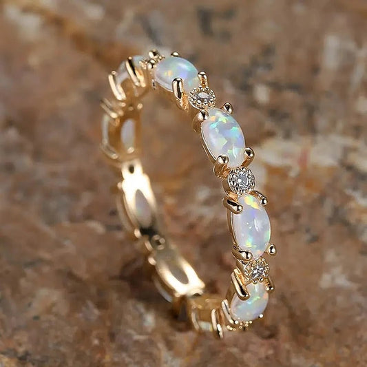 Vintage Opal Eternity Ring – Gold Tone, Sizes 5 to 12