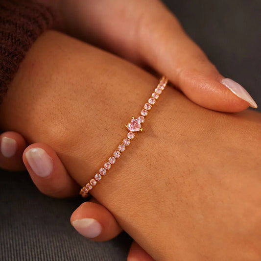 Mila Heart Tennis Bracelet – 925 Sterling Silver Pink Crystal Bracelet