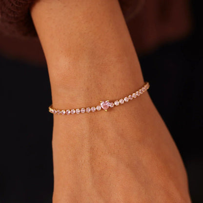 Mila Heart Tennis Bracelet – 925 Sterling Silver Pink Crystal Bracelet